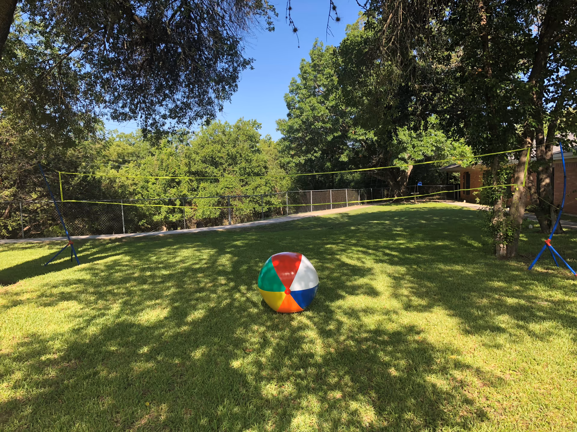 A grassy outdoor area with a volleyball net set up between two trees and a colorful beach ball on the grass. There are trees and a fence in the background under a clear blue sky.