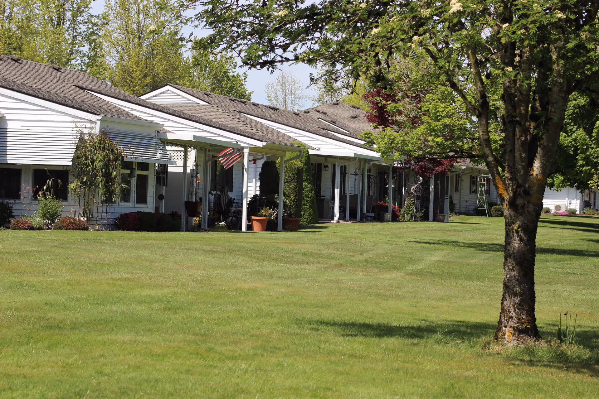 Row of single-story white residential buildings with covered porches, surrounded by green grass and trees under a clear sky.