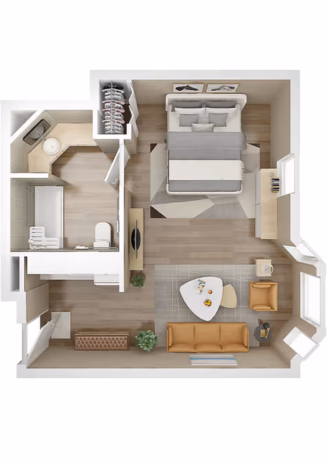 Top-down view of a senior living facility apartment layout featuring a bedroom with a bed, nightstand, and dresser; a living area with a sofa, armchair, coffee table, and TV; and a bathroom with a shower, toilet, and sink. The flooring is wood-style, and there are windows providing natural light.