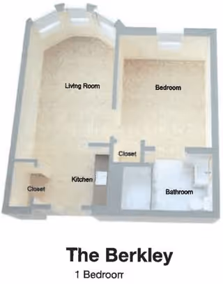 3D floor plan of The Berkley, a one-bedroom assisted living unit featuring a living room with a curved window area, a bedroom, a kitchen, a bathroom, and two closets.
