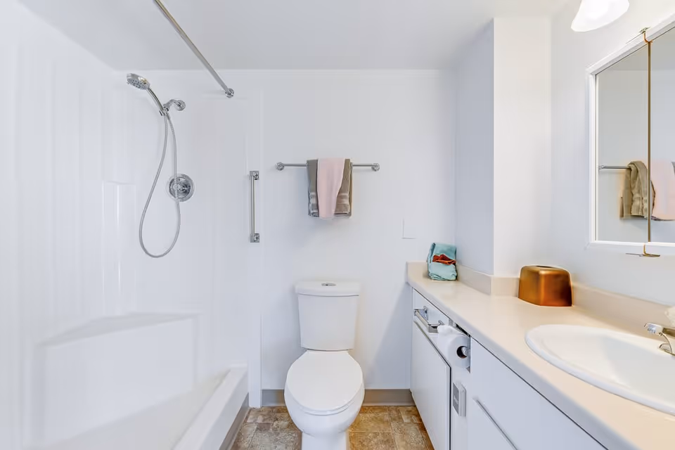 A clean and bright bathroom featuring a white bathtub with a handheld showerhead, a white toilet, a towel rack with folded towels, a countertop with a sink, a bronze-colored container, and a mirror above the sink.