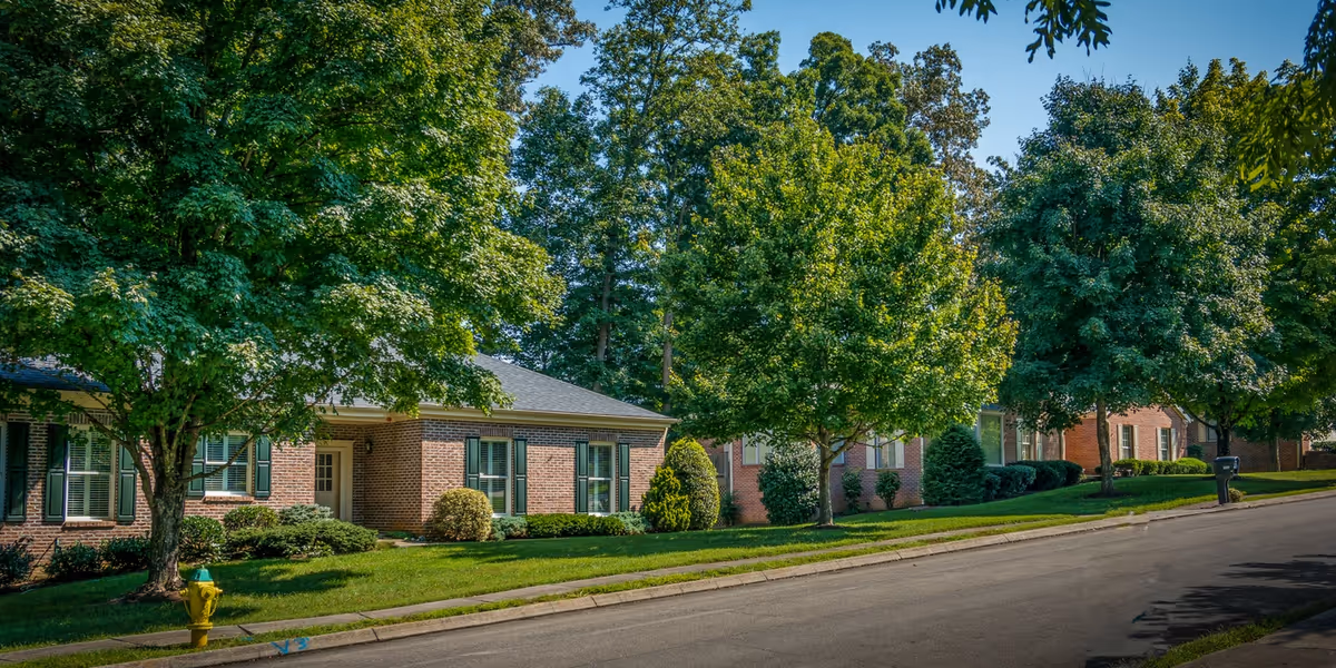 Brick single-story residential buildings with green lawns and large trees lining a quiet street.