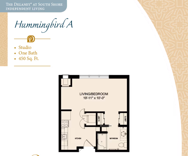 Floor plan titled 'Hummingbird A' for a 450 sq. ft. studio showing a combined living/bedroom, kitchen, bathroom, and closets.