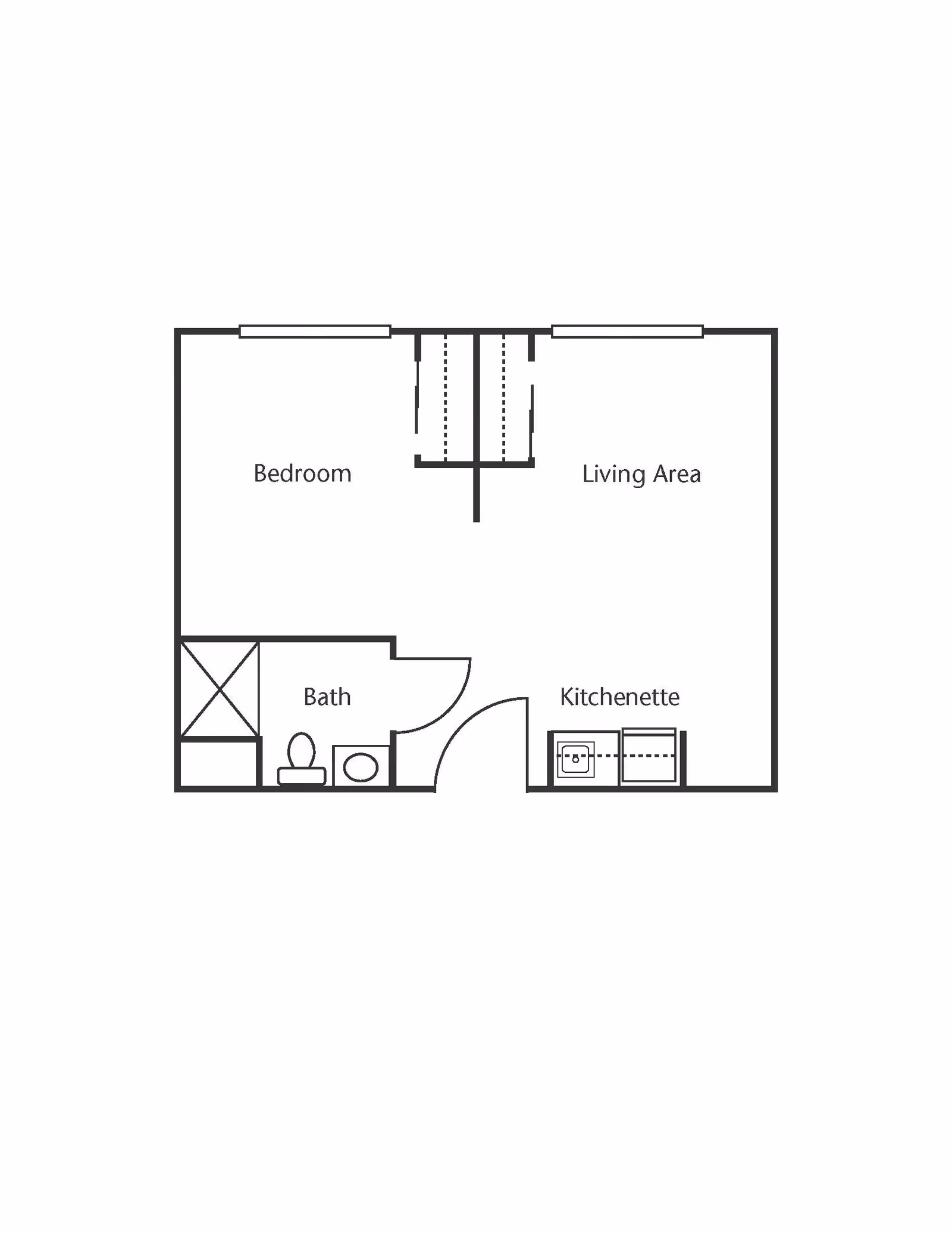 A simple black and white floor plan showing a layout with a bedroom, living area, bath, and kitchenette. The bedroom and living area are separated by a closet space. The bath includes a shower, toilet, and sink. The kitchenette has a sink and counter space.