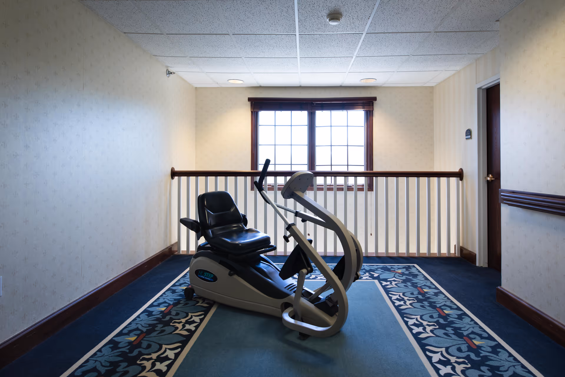 A recumbent exercise bike placed on a decorative carpet in a hallway area with beige wallpaper, a wooden railing, and a window with wooden trim letting in natural light.