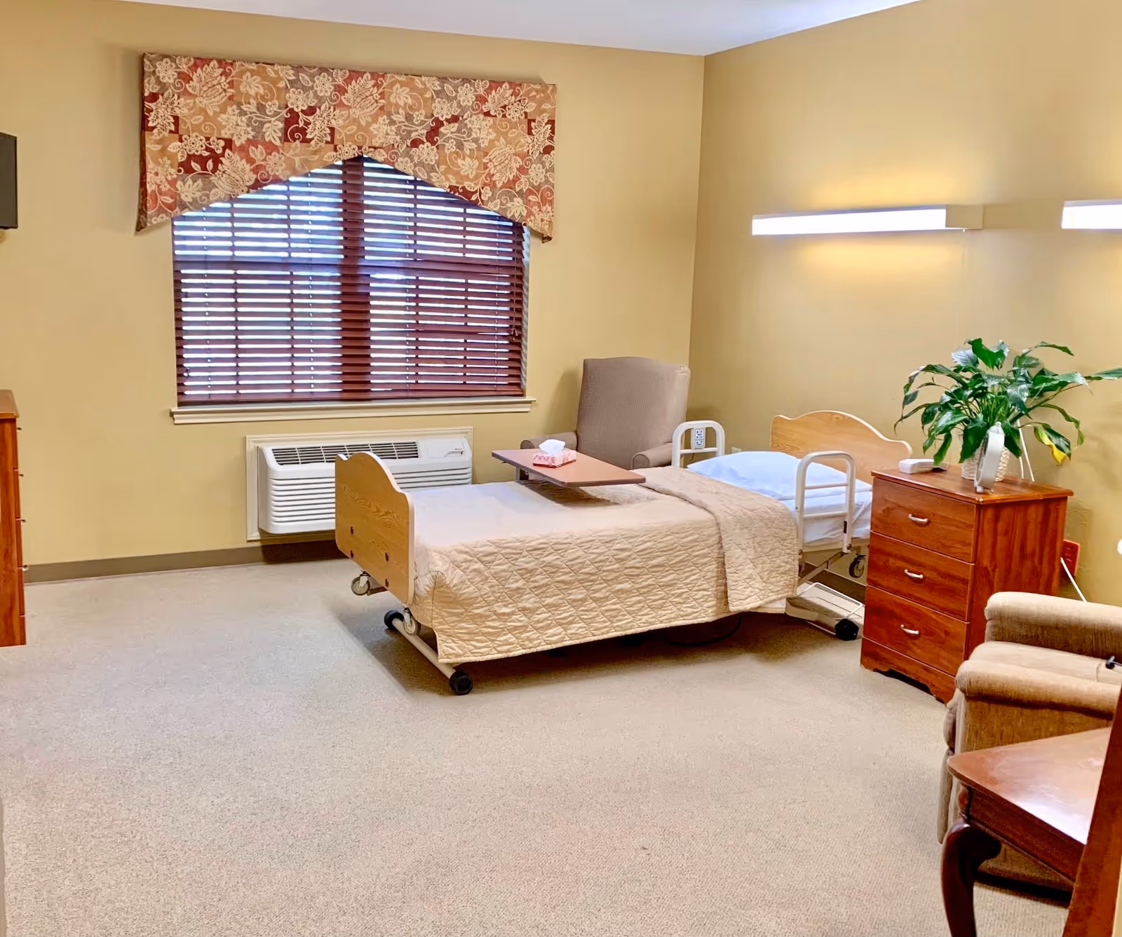 A nursing facility bedroom with a single hospital bed covered in a beige quilt, a wooden nightstand with a green plant and a telephone, a beige armchair, a window with wooden blinds and a floral valance, and beige walls with two horizontal wall lights.