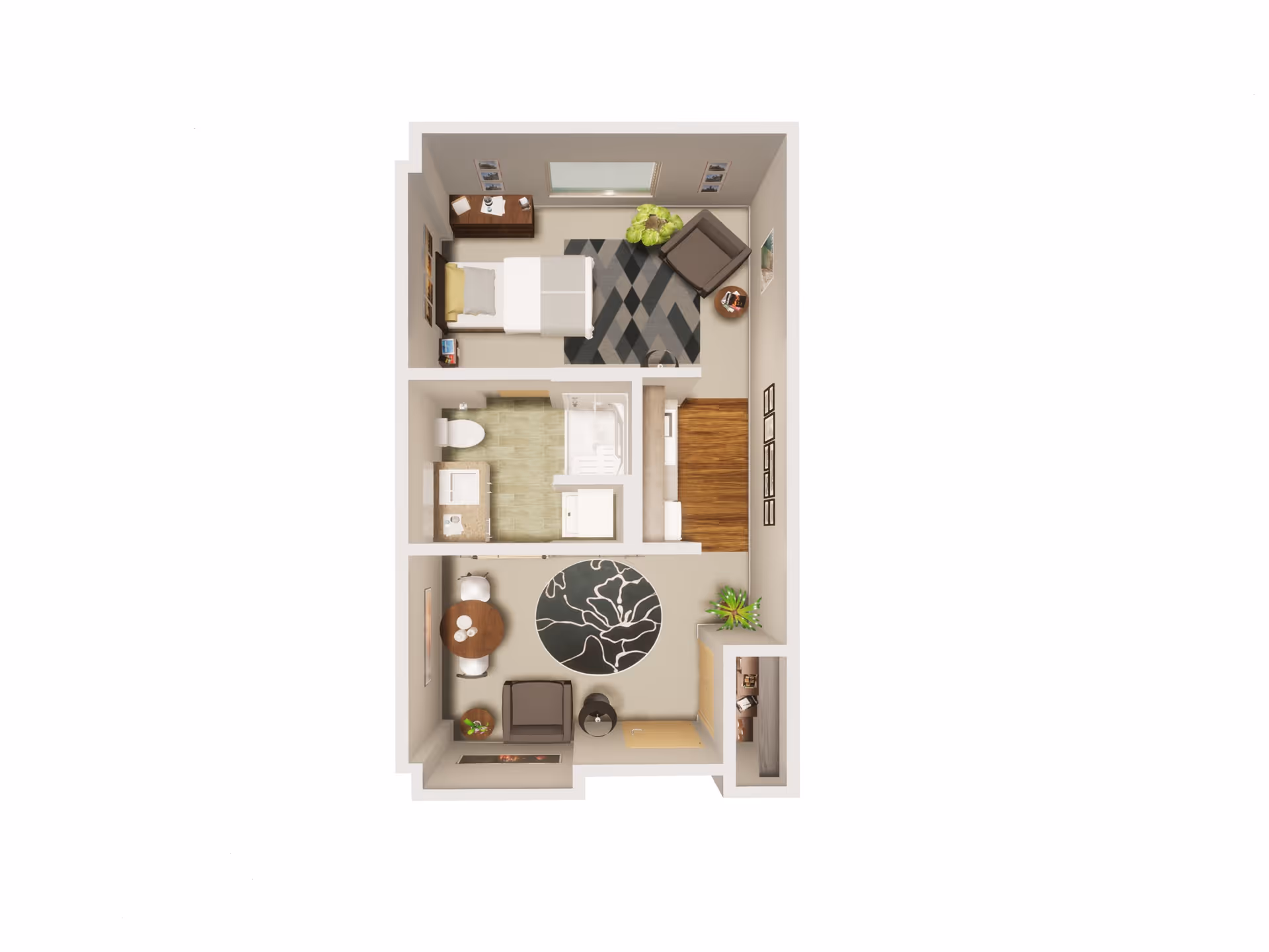 Top-down view of a one-bedroom apartment floor plan showing a bedroom with a bed, nightstand, and armchair; a bathroom with a toilet, sink, and shower; and a living area with a round table, chairs, armchair, and decorative rug.
