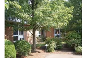 Exterior view of a brick building partially obscured by a large leafy tree and various shrubs in front of windows.