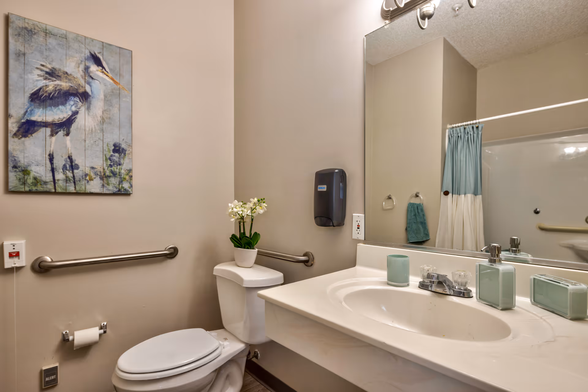 A clean bathroom with a white toilet and a white sink countertop. There is a small potted plant with white flowers on the toilet tank. A large mirror is above the sink, reflecting a shower curtain and a towel hanging on a ring. The walls are beige, and there is a painting of a bird on the wall above the toilet. Grab bars are installed near the toilet and in the shower area for accessibility.