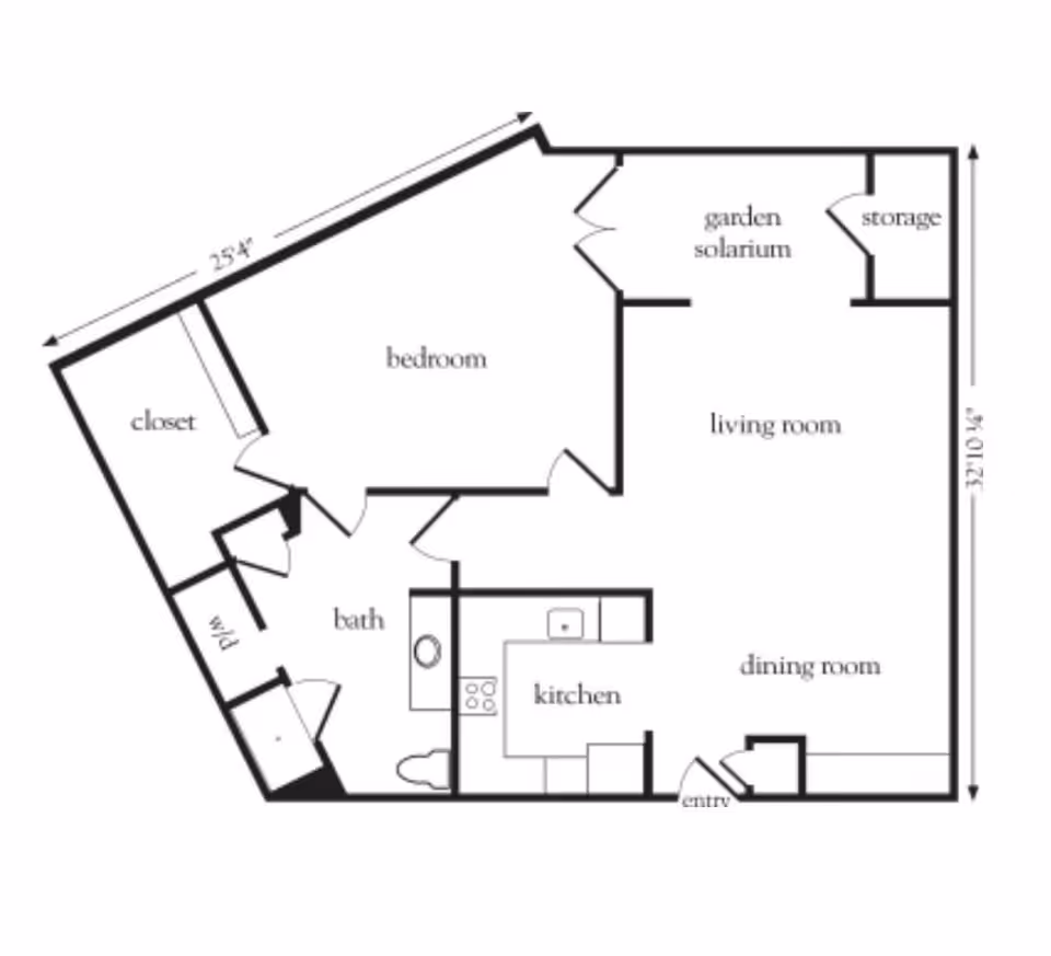Floor plan of a residential unit showing a bedroom with closet and walk-in closet, a bathroom, a kitchen, a dining room, a living room with a garden solarium and storage area, and an entryway. Dimensions are marked along two walls.