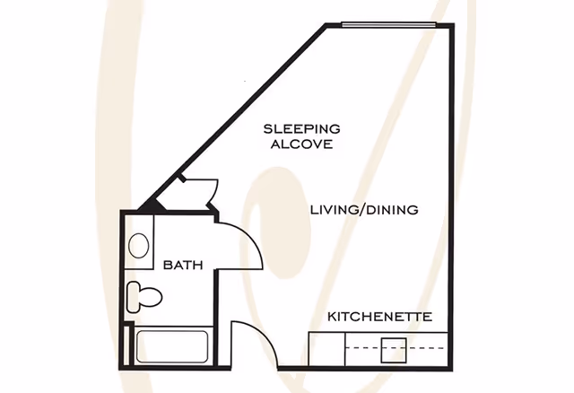 Floor plan of a small living space at Ashwood Place showing a sleeping alcove, living/dining area, kitchenette, and a bathroom with a bathtub and toilet.