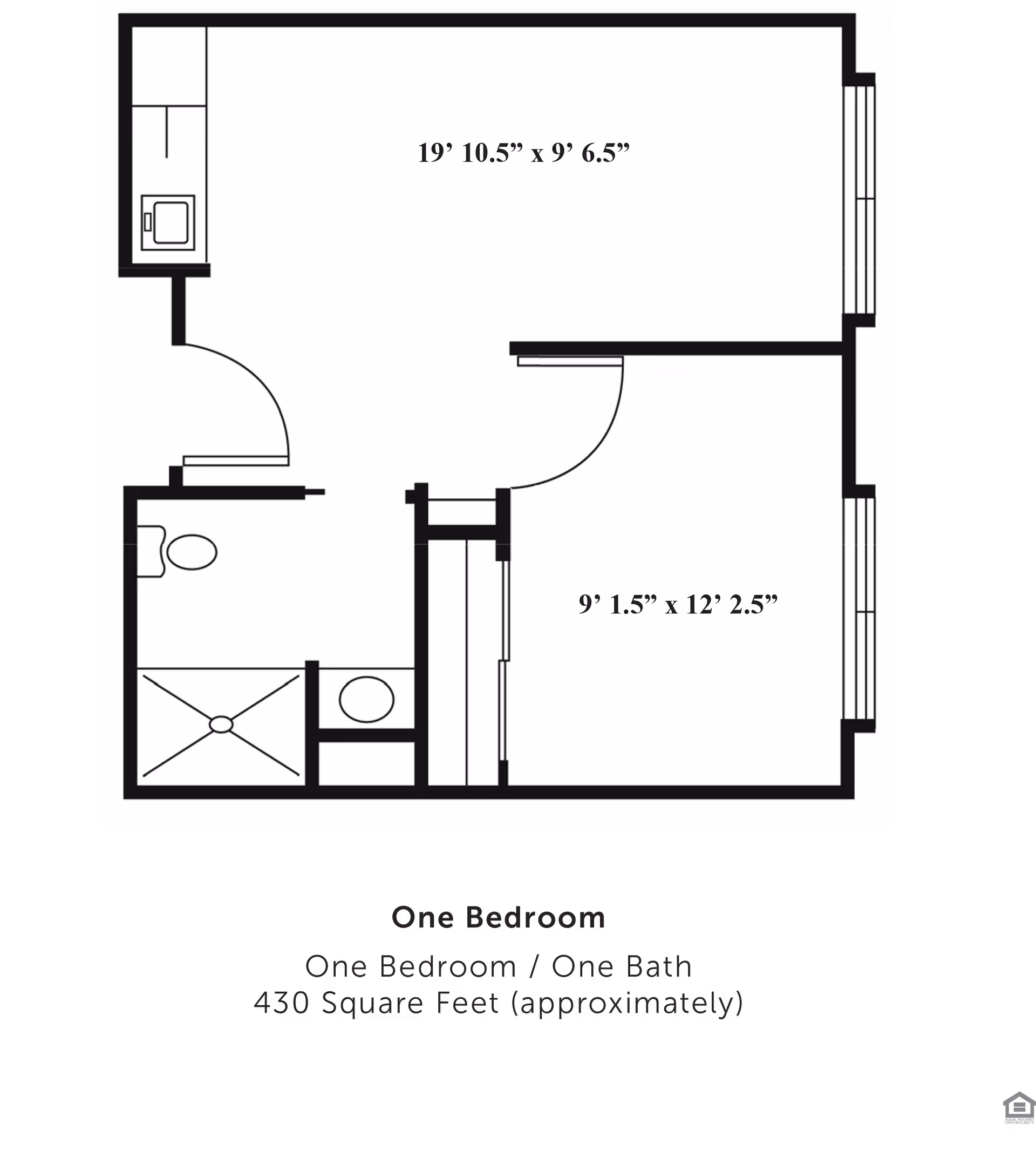 Black-and-white floor plan of a one-bedroom, one-bath apartment showing room layouts and dimensions.