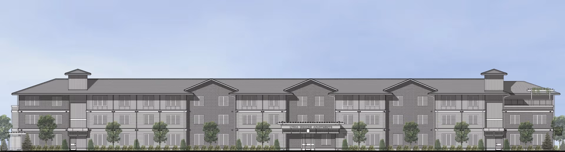 Front elevation rendering of a three-story senior living building with balconies, an entry canopy, and landscaped trees in front.