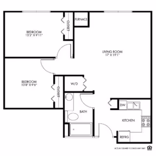 Architectural floor plan of a senior living unit at Willow Falls Senior Living showing two bedrooms, a living room, a kitchen, a bathroom, closets, and a washer/dryer area.