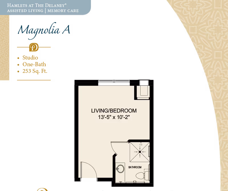 Floor plan of Magnolia A studio apartment at Hamlets at The Delaney assisted living and memory care facility, showing a combined living and bedroom area measuring 13 feet 5 inches by 10 feet 2 inches, and a bathroom with a shower, toilet, and sink.