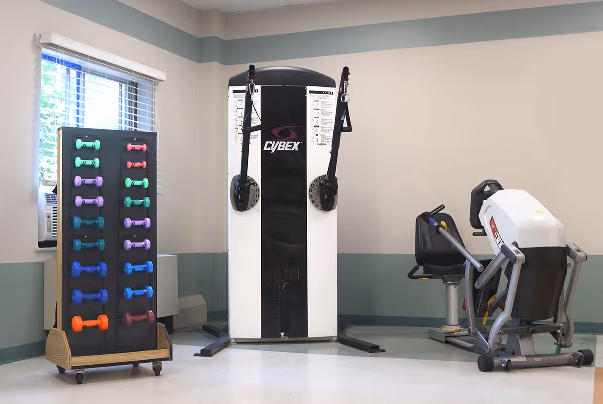 A small fitness room with a vertical dumbbell rack, a Cybex multi-function machine, and a recumbent exercise machine.