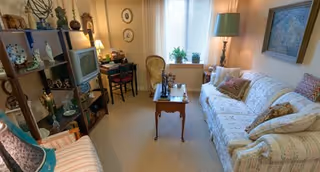 Cozy living room with a patterned sofa, coffee table, armchairs, shelving with a TV and decorative items, and a window with plants.