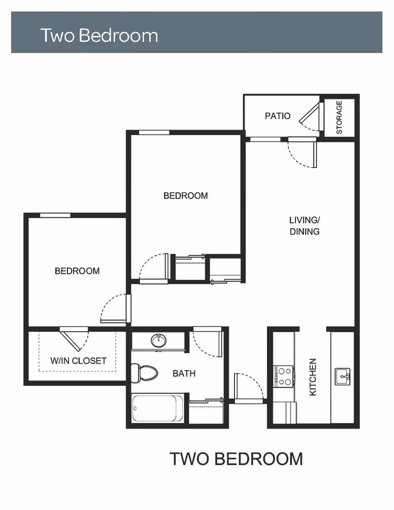 Floor plan layout of a two-bedroom apartment featuring two bedrooms, a walk-in closet, a bathroom with a bathtub, a kitchen, a combined living and dining area, a patio, and a storage space.