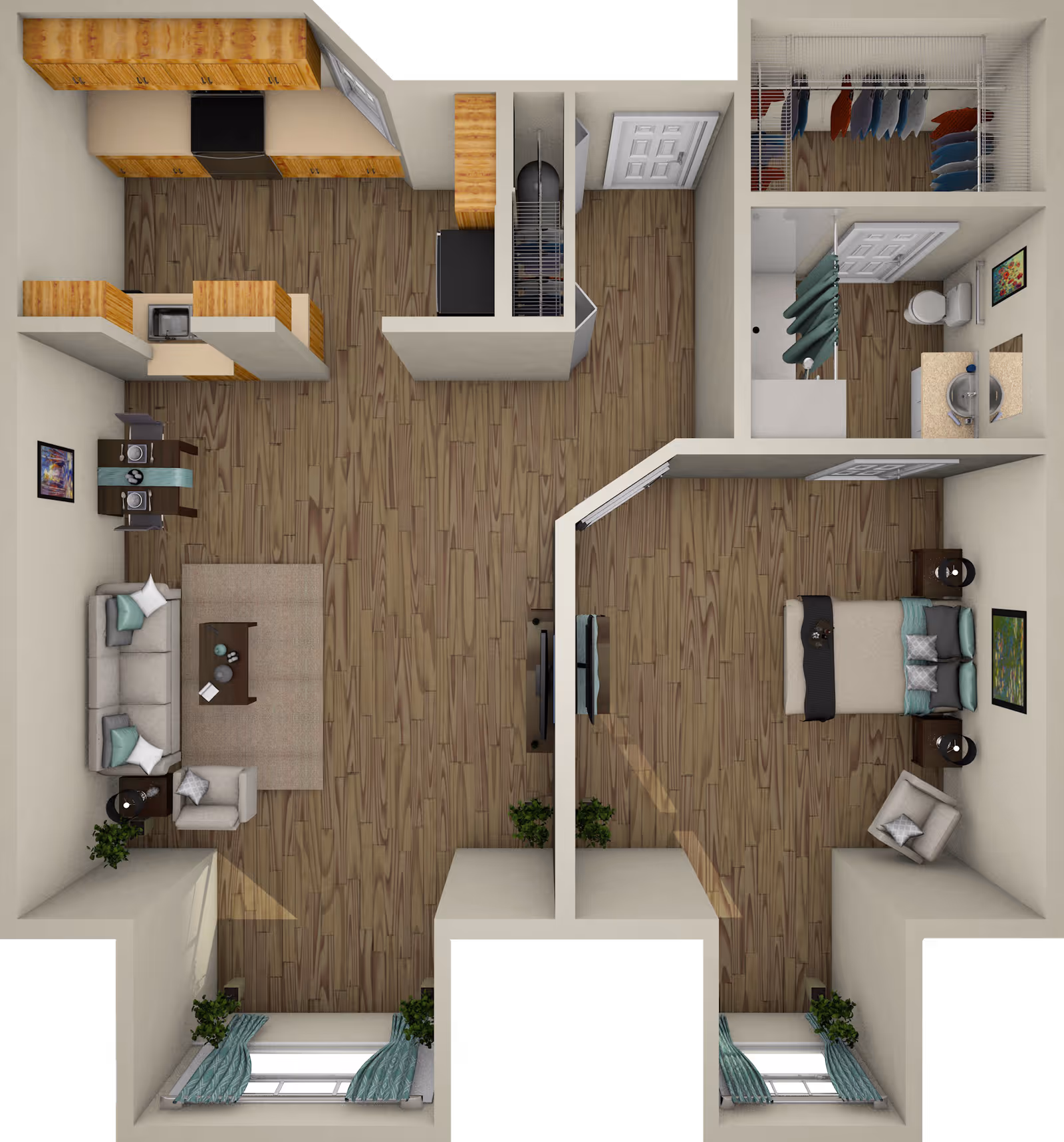 Top-down view of a one-bedroom apartment floor plan featuring a kitchen with wooden cabinets, a living room with a sofa, armchair, coffee table, and dining table with chairs. The bedroom includes a bed, two nightstands, an armchair, and a TV mounted on the wall opposite the bed. There is a bathroom with a shower, toilet, and sink, and a walk-in closet adjacent to the bedroom. The flooring throughout is wood, and there are windows with curtains in the living room and bedroom.