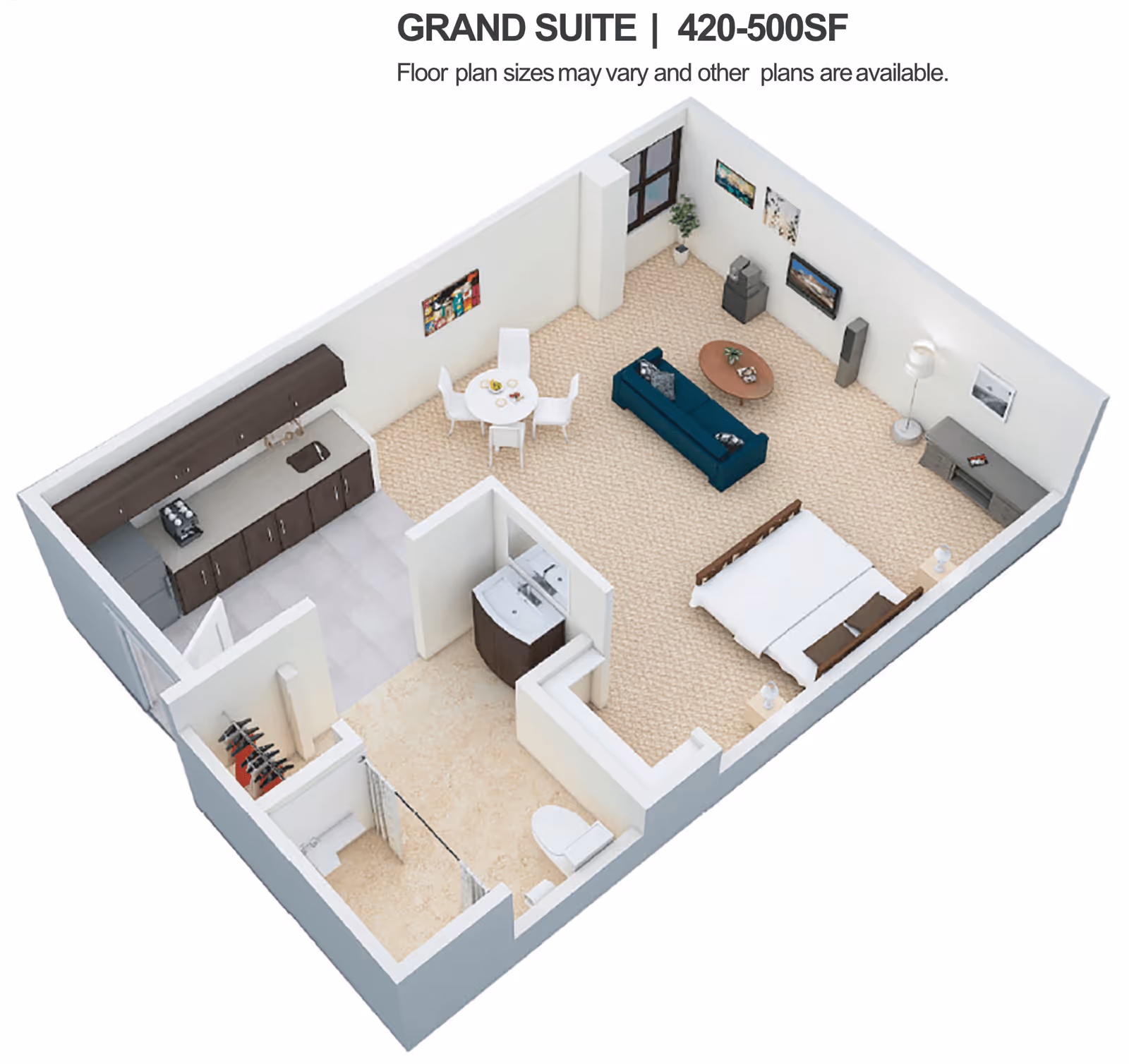 3D floor plan of a grand suite measuring 420-500 square feet, featuring an open layout with a kitchen area, dining table with four chairs, living area with a sofa and coffee table, a bed, and a bathroom with a shower and toilet.