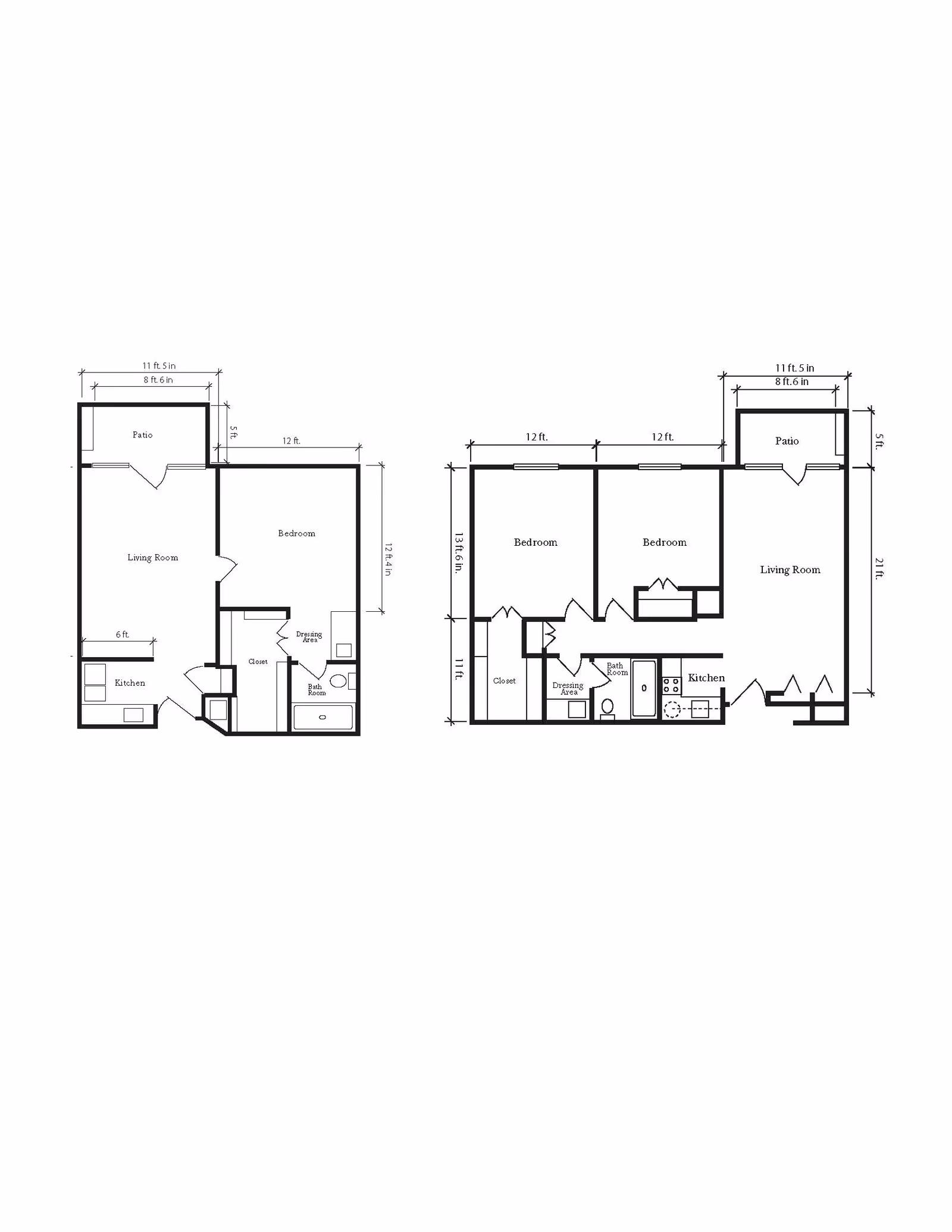 Architectural floor plans showing two apartment layouts at Brookdale Lake Tavares. The left plan features one bedroom, a living room, kitchen, bathroom, closet, dressing area, and a patio. The right plan features two bedrooms, a living room, kitchen, bathroom, closet, dressing area, and a patio. Dimensions for each room and area are marked.