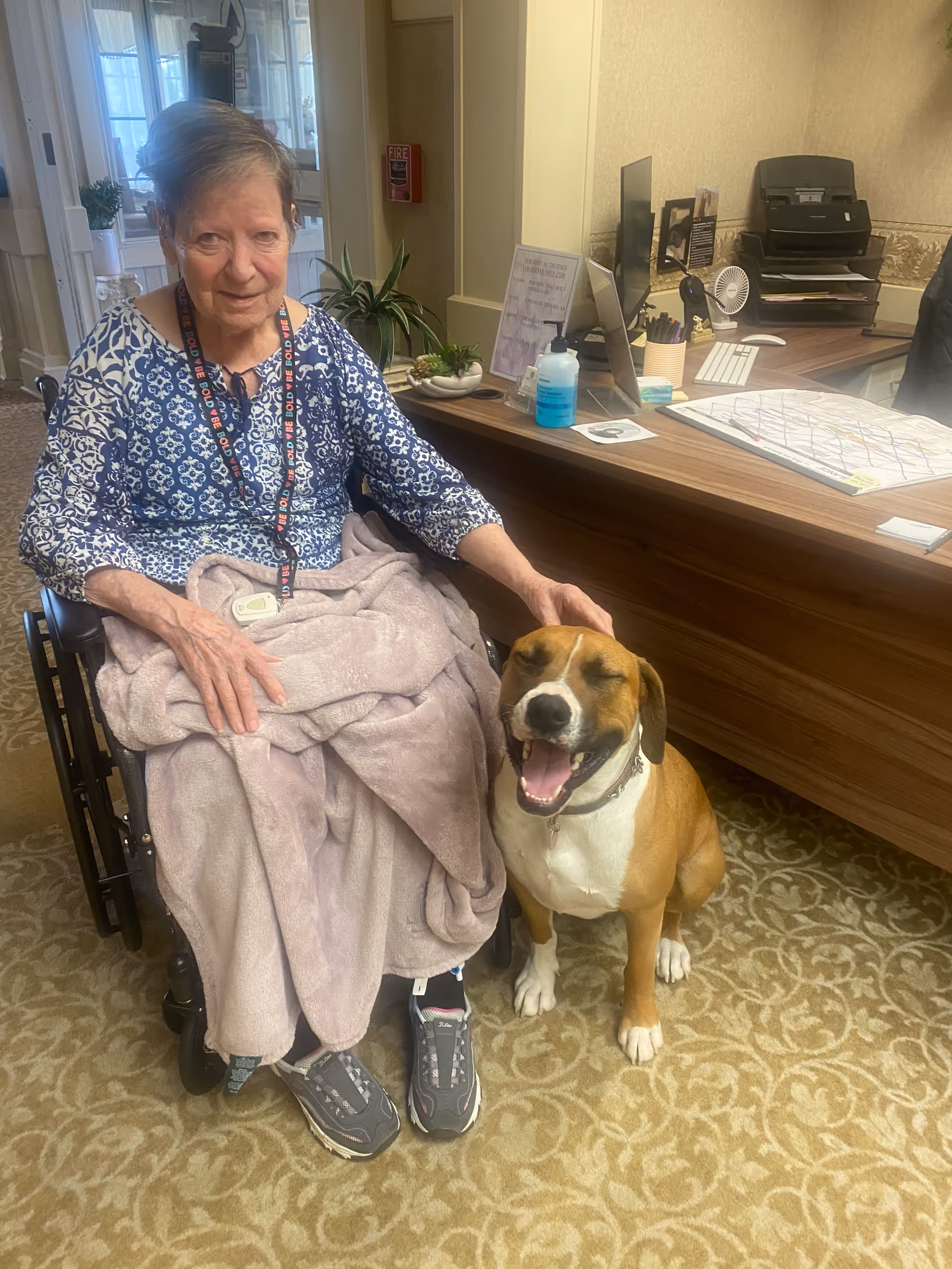 An elderly woman sitting in a wheelchair covered with a light purple blanket, wearing a blue patterned top and gray sneakers, petting a happy brown and white dog sitting beside her. They are indoors near a wooden desk with office supplies and a computer monitor.