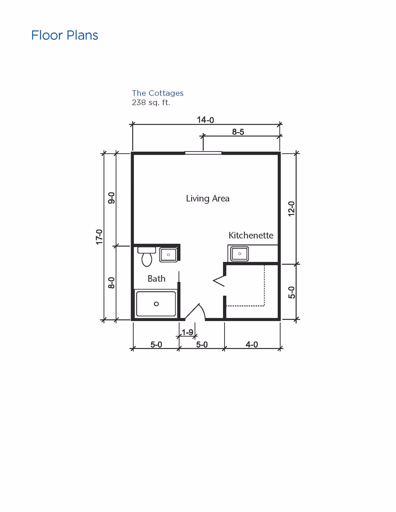 Floor plan of a small cottage unit labeled 'The Cottages' with 238 square feet. The layout includes a living area, a kitchenette, and a bathroom with a toilet and bathtub. Dimensions of each section and overall unit are marked.