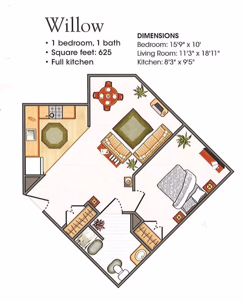 Colored floor plan labeled "Willow" showing a one-bedroom, one-bath apartment with a kitchen, living room, dining area and bathroom.