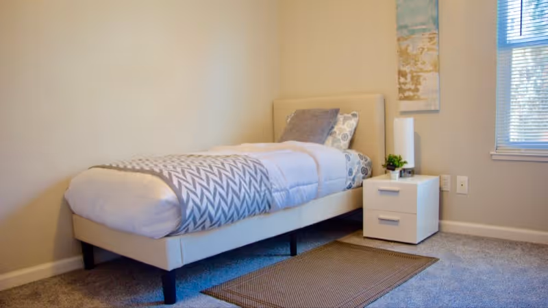 A simple, clean bedroom with a single bed against the wall, featuring white and gray bedding and two pillows. Next to the bed is a white nightstand with two drawers, a small green plant, and a white lamp. A window with blinds is on the right wall, and a piece of abstract artwork hangs above the nightstand. The floor is carpeted with a small rectangular rug in front of the bed.
