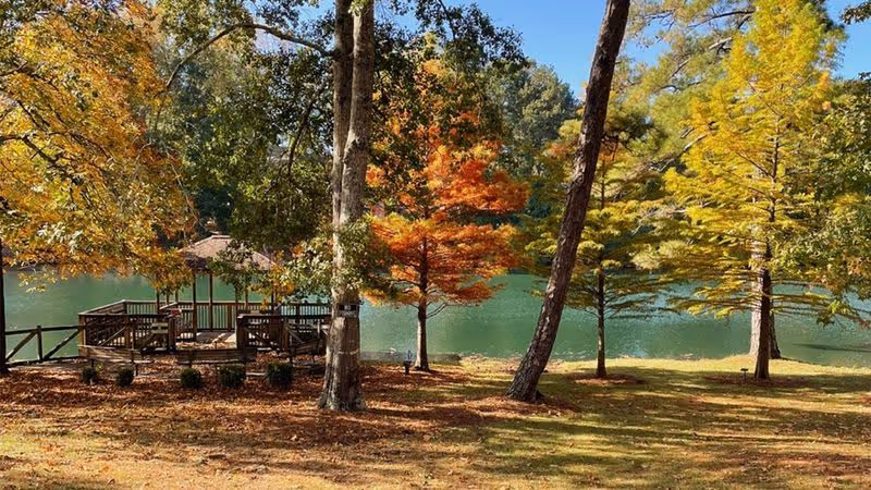 A peaceful outdoor scene featuring a wooden gazebo on the edge of a calm lake, surrounded by trees with autumn foliage in shades of green, yellow, and orange.