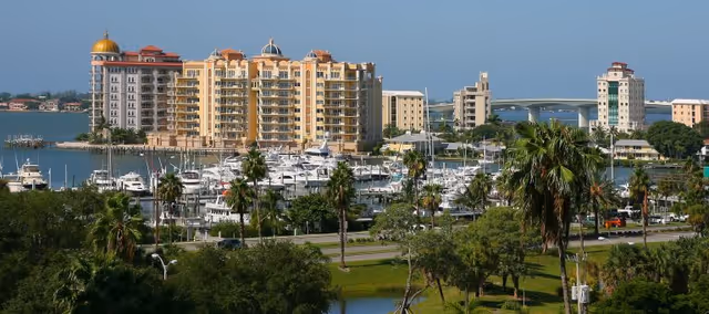 View of a waterfront area with a marina filled with boats and yachts, surrounded by palm trees and greenery. In the background, there are several multi-story buildings and a bridge over the water under a clear blue sky.