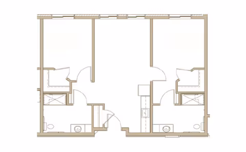 Architectural floor plan showing two adjacent living units, each with a bathroom, closet, and living space. The layout includes doors, windows, and fixtures like sinks and toilets.