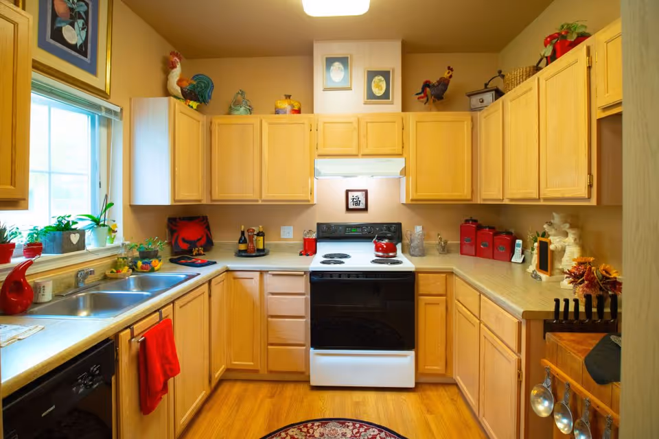 A bright kitchen with light wood cabinets, a white electric stove with a red kettle on it, a double sink under a window with plants on the windowsill, and various kitchen decorations including red canisters, a knife block, and rooster figurines on top of the cabinets.