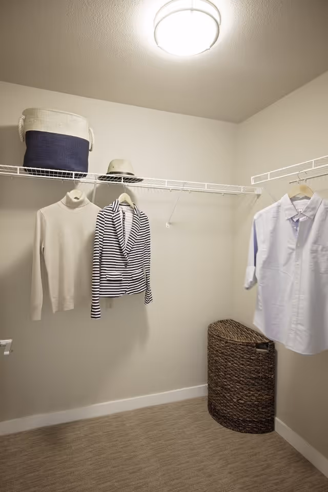 A small walk-in closet with beige walls and carpeted floor. There are wire shelves on two walls holding a striped basket, a hat, and hanging clothes including a white turtleneck sweater, a black and white striped blazer, and a white button-up shirt. A woven laundry hamper is placed in the corner under the shelves. A round ceiling light illuminates the space.