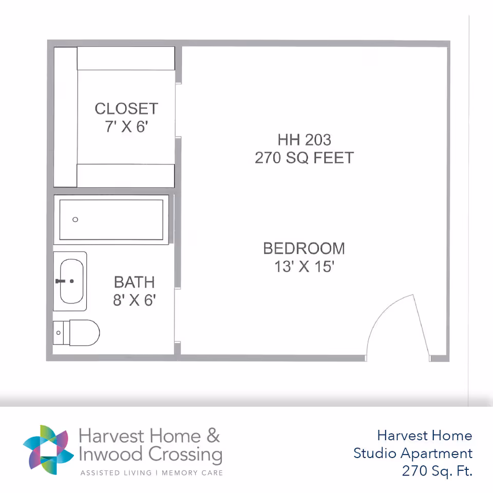 Floor plan of a studio apartment labeled HH 203 with a total area of 270 square feet. The layout includes a bedroom measuring 13 feet by 15 feet, a closet measuring 7 feet by 6 feet, and a bathroom measuring 8 feet by 6 feet. The entrance door is shown on the right side of the bedroom.