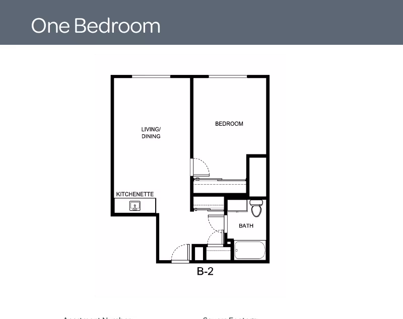 Floor plan of a one-bedroom apartment labeled B-2, showing a living/dining area with kitchenette, a bedroom, and a bathroom with a bathtub and toilet.