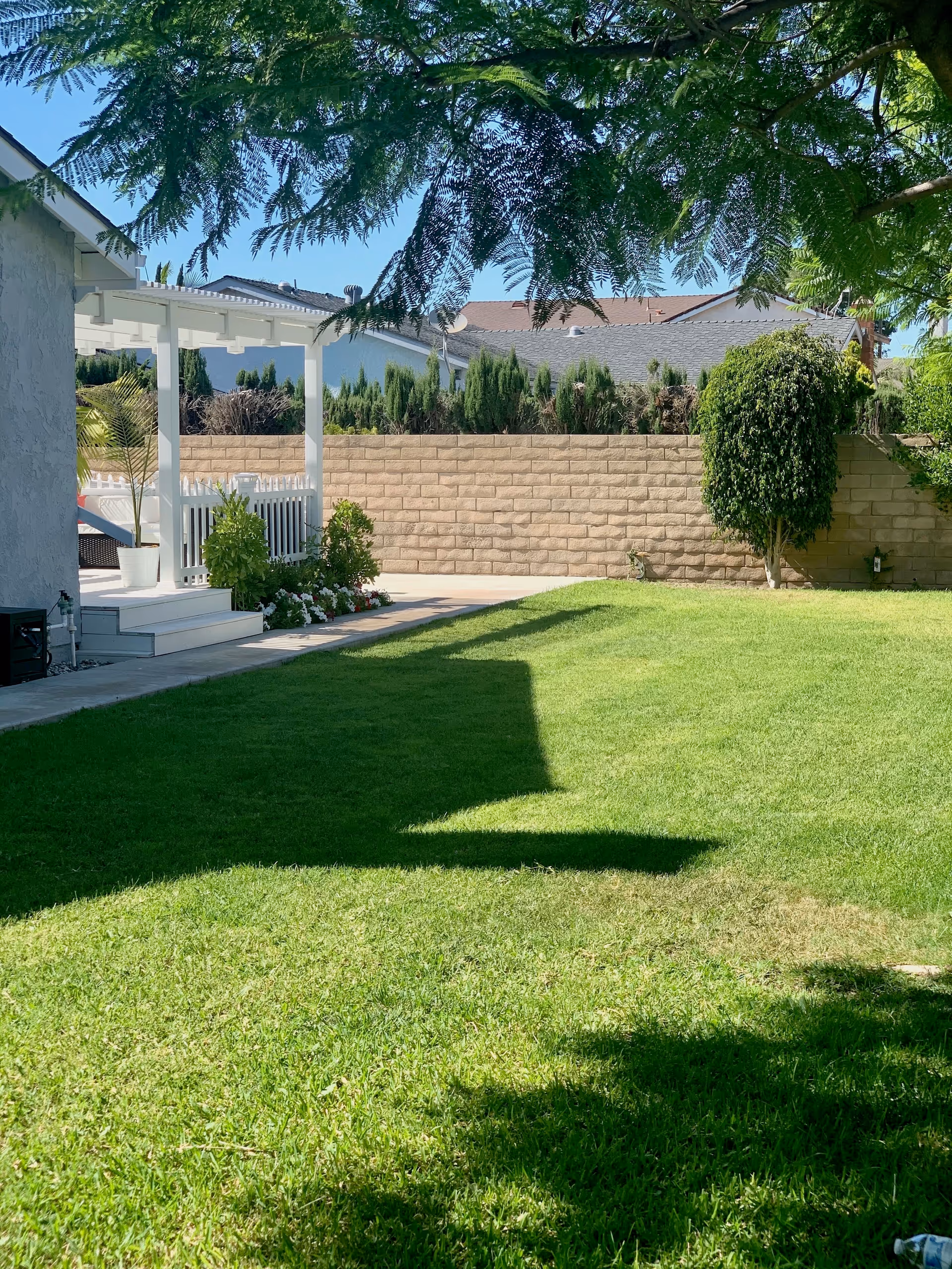 A sunny backyard with a well-maintained green lawn, a small white porch with steps, potted plants, and a brick wall with bushes and a tree. The scene is partially shaded by tree branches overhead.