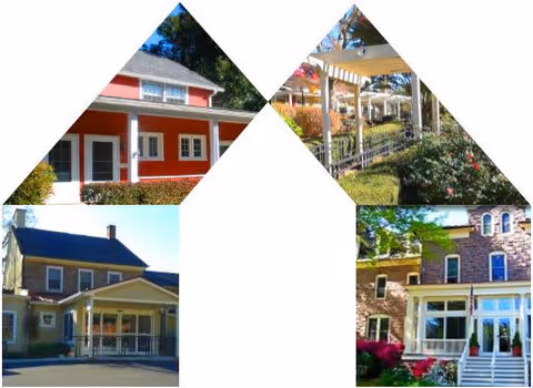 Collage of four images showing different exterior views of buildings and outdoor areas at Friends Village, Paxson Campus, including a red building with white trim, a covered walkway with greenery, a yellow building with a porch, and a stone building with white stairs and landscaping.
