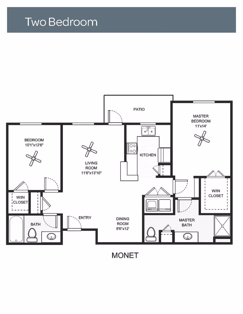 Floor plan of a two-bedroom apartment named Monet, featuring a living room, kitchen, dining room, patio, master bedroom with walk-in closet and master bath, a second bedroom with walk-in closet, and a separate bathroom near the entry.