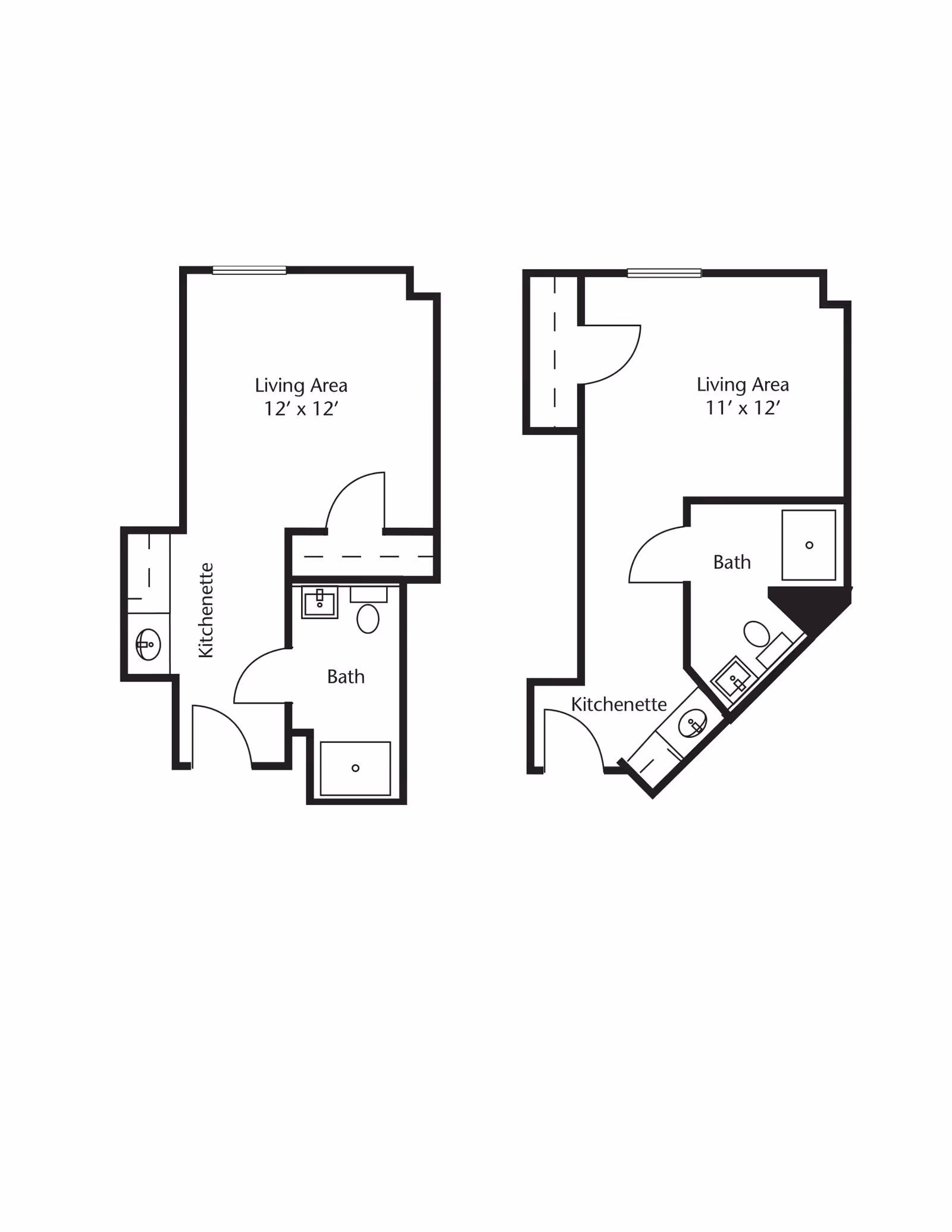 Two architectural floor plans showing layouts of small living spaces. Each includes a living area, kitchenette, and bathroom. The left floor plan has a 12 by 12 feet living area, and the right floor plan has an 11 by 12 feet living area.