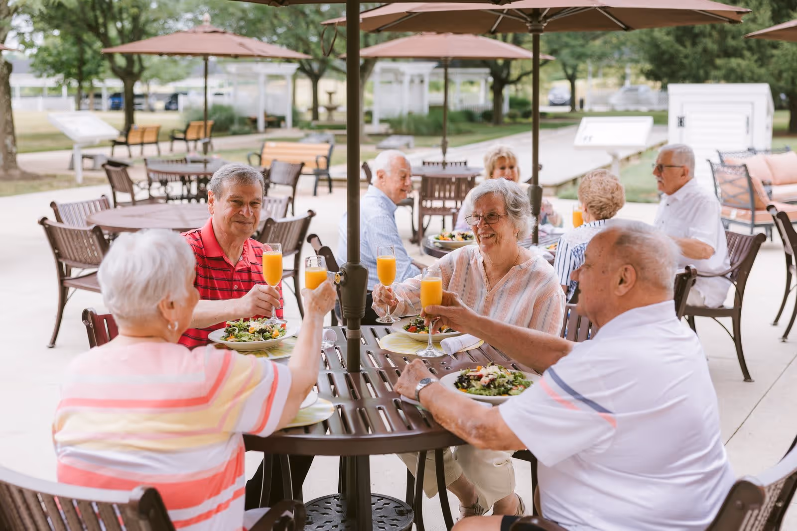 A group of elderly people sitting around outdoor tables under umbrellas, enjoying a meal and toasting with glasses of orange juice in a garden patio setting with trees and benches in the background.