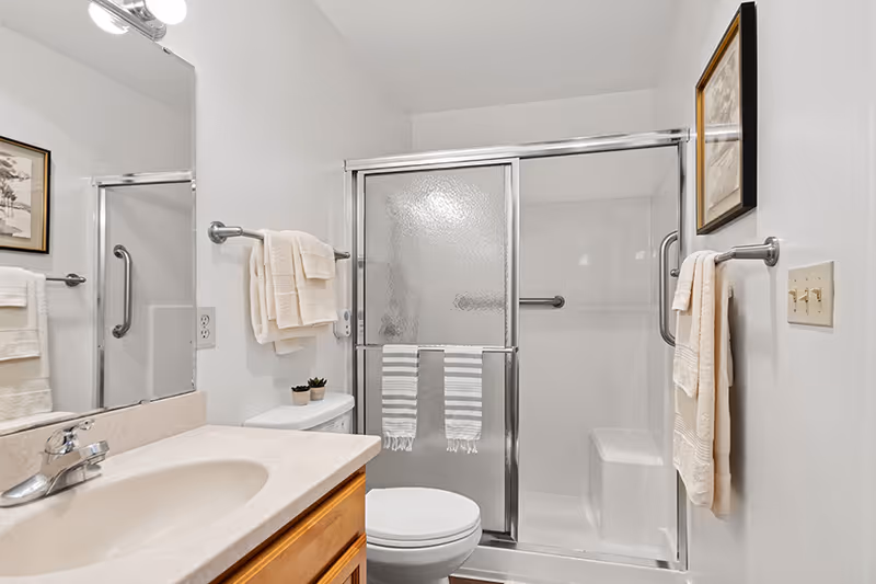 A clean and bright bathroom featuring a sink with a countertop and wooden cabinet, a toilet, and a shower with sliding glass doors. The shower has a built-in seat and grab bars. White towels hang on towel racks beside the shower and above the toilet. A framed picture is mounted on the wall, and two small potted plants sit on the toilet tank.