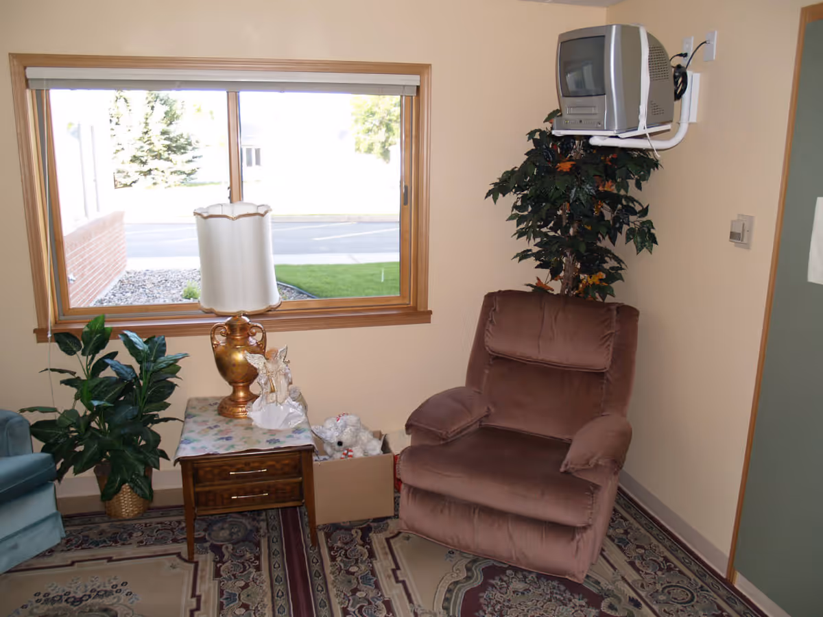 A cozy corner of a room with a brown recliner chair, a small wooden side table with a decorative lamp and figurine, a potted plant, and a box with stuffed animals. A small TV is mounted on the wall above the chair. A large window shows an outdoor view with grass and a tree.