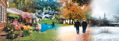 A collage showing four seasonal scenes at Copeland Oaks: a spring garden with blooming flowers and a house, a summer view of a pond and houses, an autumn scene with two people walking on a leaf-covered path, and a winter scene with snow-covered ground and buildings.