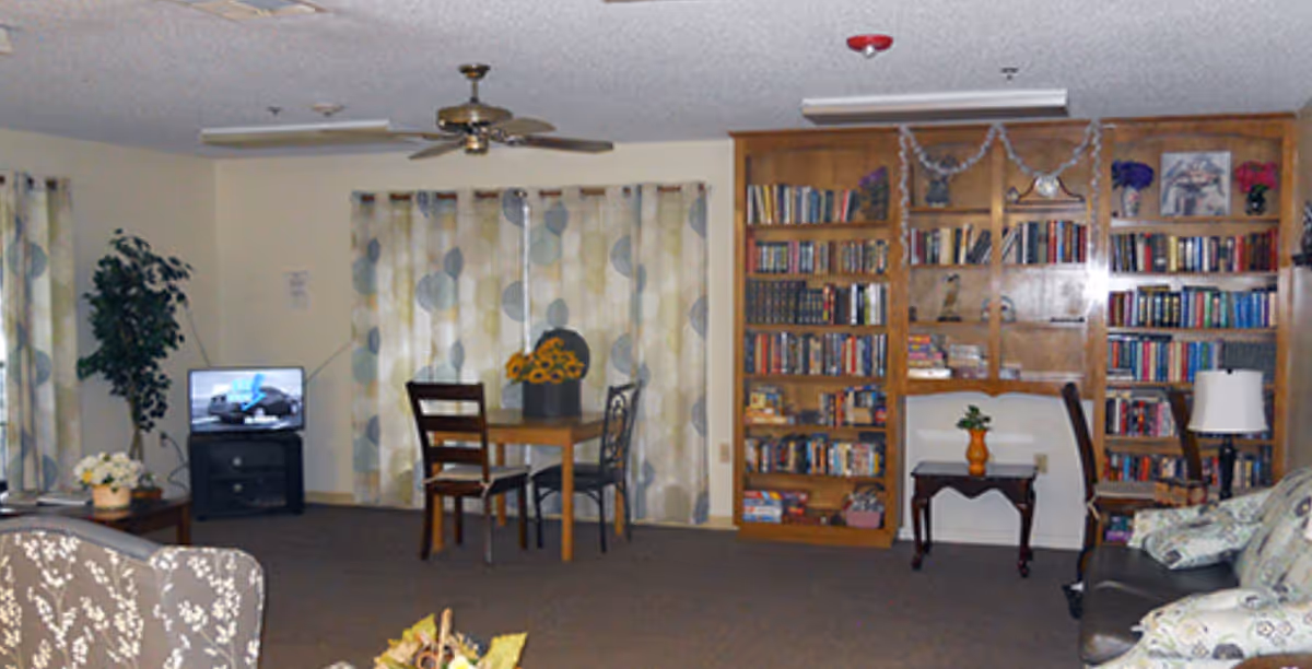 A cozy living room area with a ceiling fan, a small wooden dining table with two chairs, a TV on a stand, a large wooden bookshelf filled with books, a small table with a plant, and comfortable seating including a patterned armchair and a sofa with cushions. The room has patterned curtains and a carpeted floor.