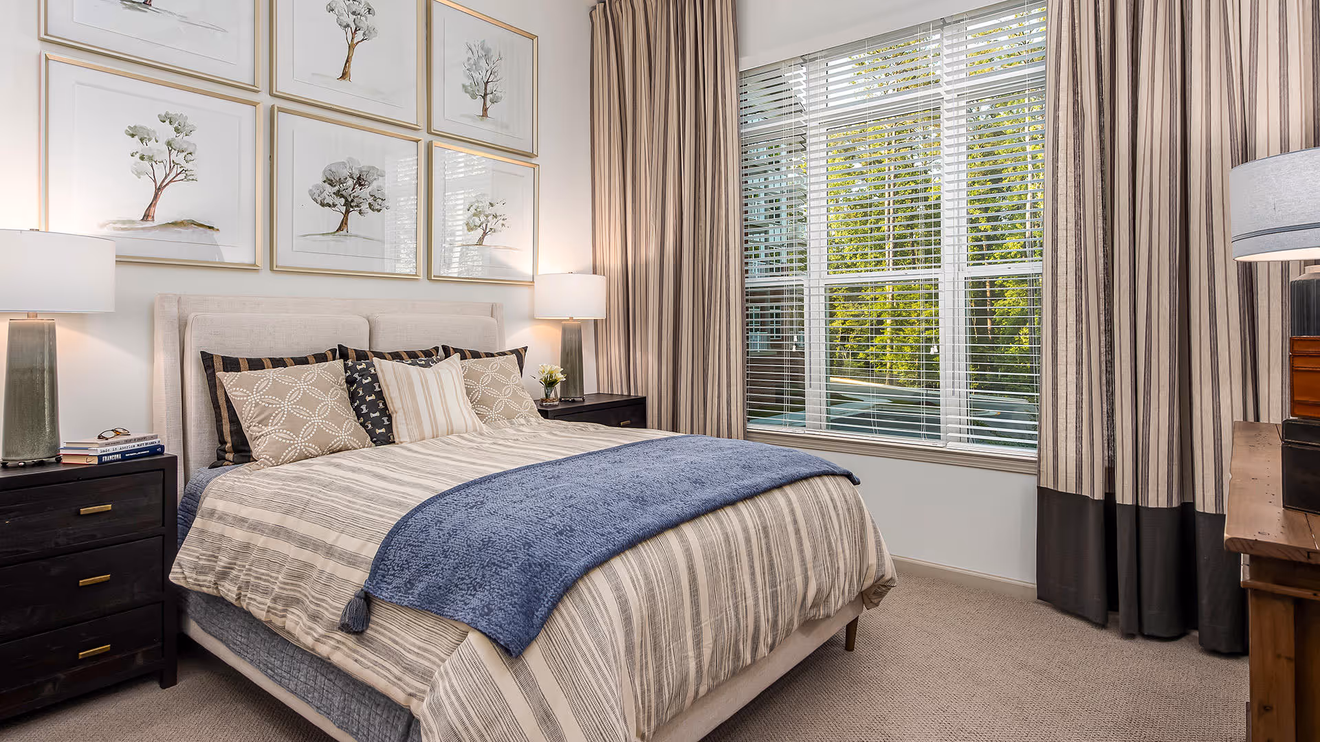 A neatly made bed with striped bedding and a blue throw blanket in a bedroom. The bed has multiple decorative pillows and is flanked by two dark wooden nightstands with lamps. Above the bed, there are six framed pictures of trees arranged in two rows. A large window with white blinds and beige curtains allows natural light to enter the room. The floor is carpeted, and there is a wooden dresser with a lamp on the right side of the image.