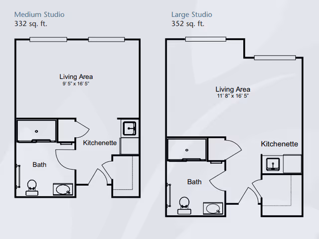 Floor plans for two studio apartments at Arbol Residences of Santa Rosa. The Medium Studio is 332 sq. ft. with a living area, kitchenette, and bath. The Large Studio is 352 sq. ft. with a larger living area, kitchenette, and bath.