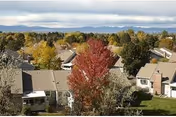 Aerial view of a residential neighborhood with trees, rooftops, and distant hills.