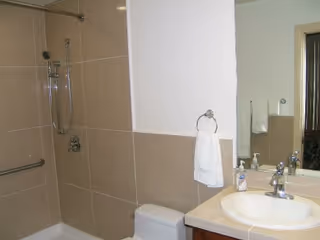 Bathroom with a tiled walk-in shower and grab bar, toilet, sink, and mirror with towel.
