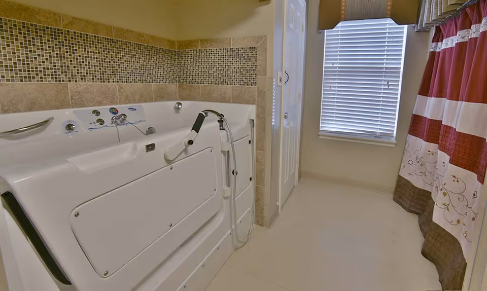 Walk-in bathtub with grab bars and handheld shower in a tiled bathroom with a window and patterned shower curtain.